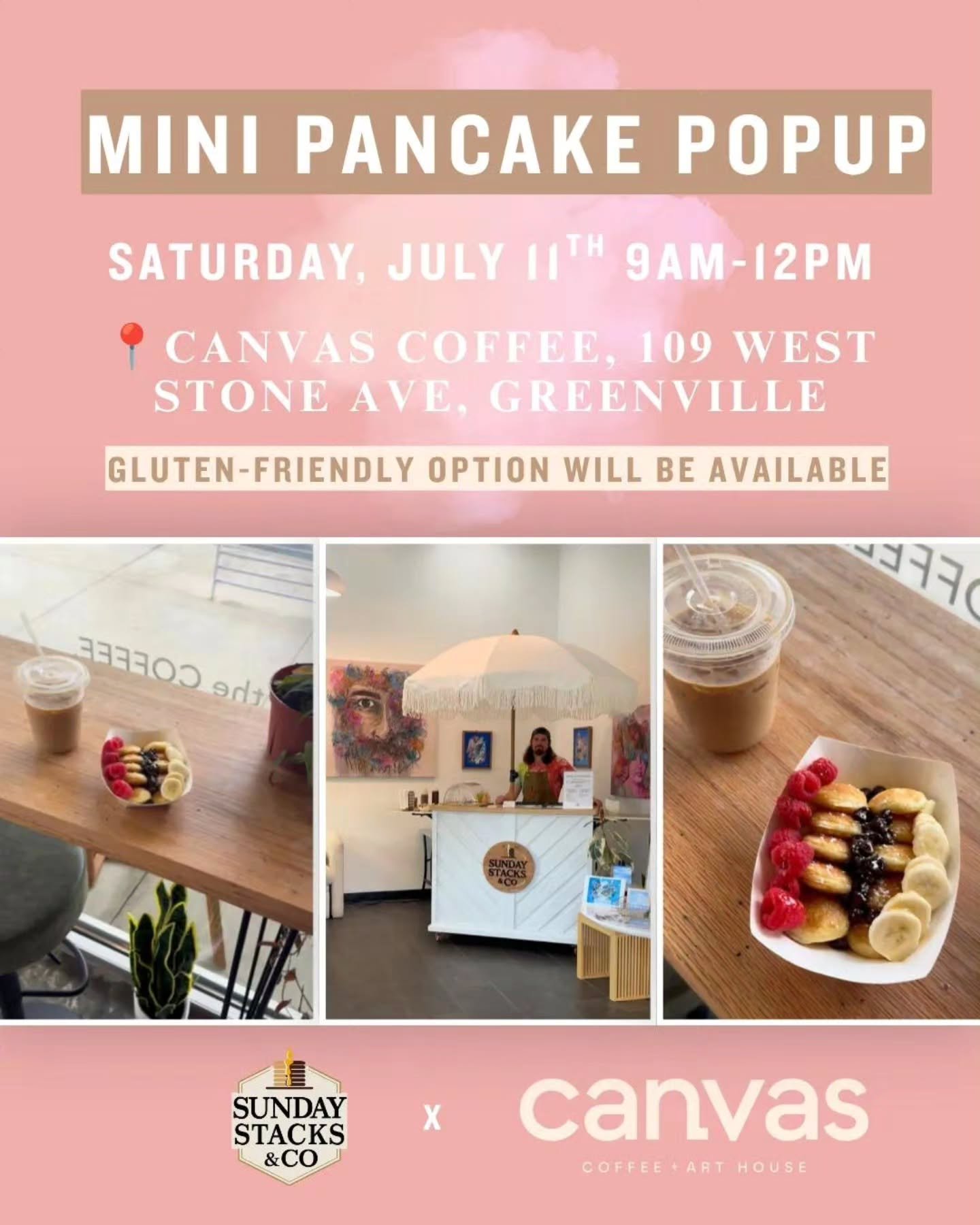 Come enjoy warm mini pancakes cooked right in front of you to start your day on Saturday July 11th at @canvas.coffee.art 🥞☕️

Pancakes are seed oil free, cooked in coconut oil, and a gluten-friendly option will be available. 

You get to choose as m