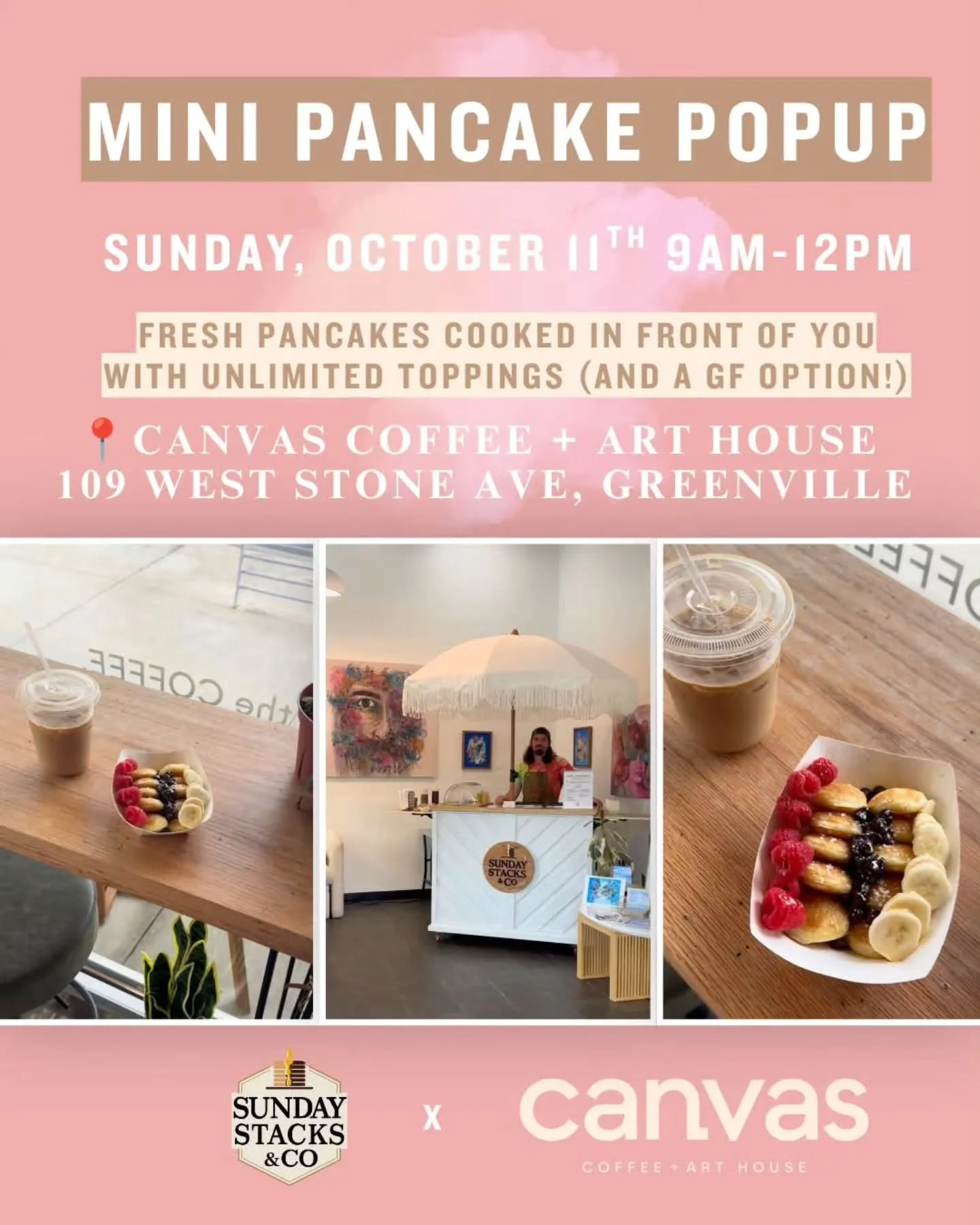 Mark your calendar for sunday, October 11th🎉

Start your morning with a coffee and plate of hot-off-the-griddle mini pancakes topped with fresh fruit and real maple syrup!!! @sunday_stacksco will be popping up from 9am-11am at @canvas.coffee.art loc