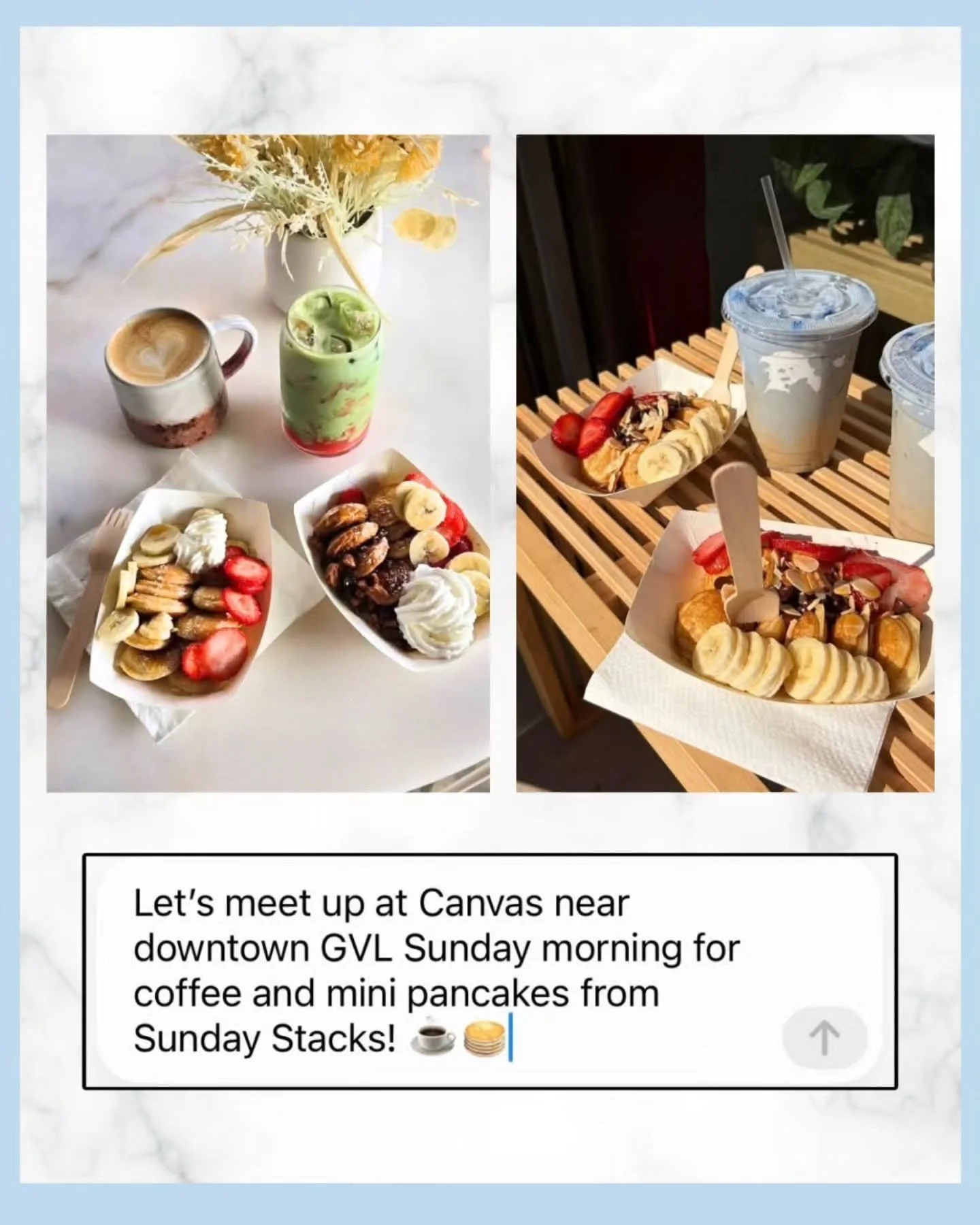 No plans tomorrow morning? Come grab a plate of hot-off-the-griddle mini pancakes at our pop up with @canvas.coffee.art 🥞☕️

We'll be serving fresh mini pancakes at 109 West Stone Ave, GVL from 9am-12pm. 

Sunday, October 11th. 

Choose unlimited to