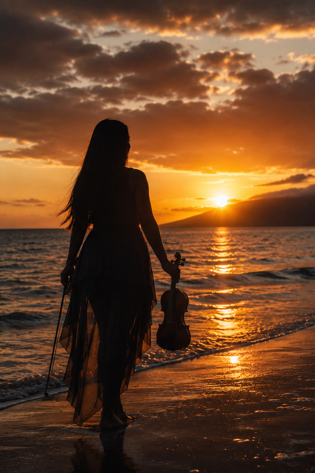 Savannah Cerizo of Luna Solis Live in Wailea, Maui with her violin on the beach.