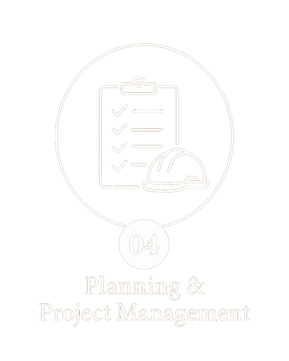 Icon of a clipboard with checkmarks and a construction helmet, labeled '04 Planning & Project Management'.