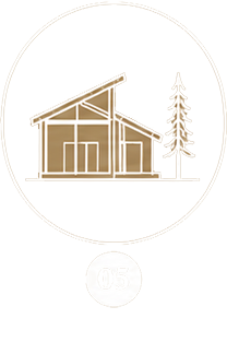 Illustration of a small building under construction with a tree next to it, on a black circular background.