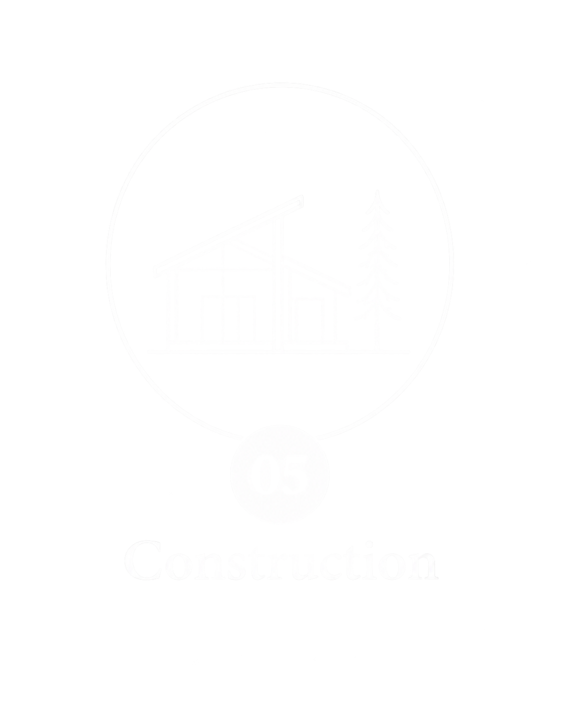 A logo featuring a sketch of a house with a sloped roof and a large tree to the right, enclosed in a circle with the text 'Construction' below and a circular badge with the number '05' above the word.