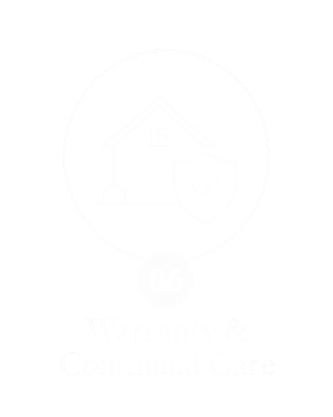 A security badge featuring a house with a shield and checkmark, and the words 'Warranty & Continued Care' below.