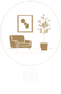 Minimalist illustration of a living room with an armchair, a framed picture, a potted plant, and a rug within a circular border.