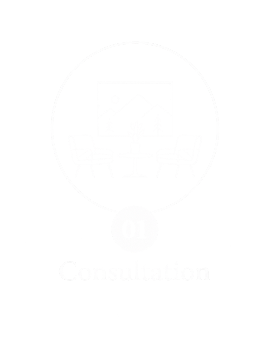 A logo featuring a circle with a mountain landscape, two chairs, a table, a painting of mountains, trees, and clouds, and the word 'Consultation' at the bottom.