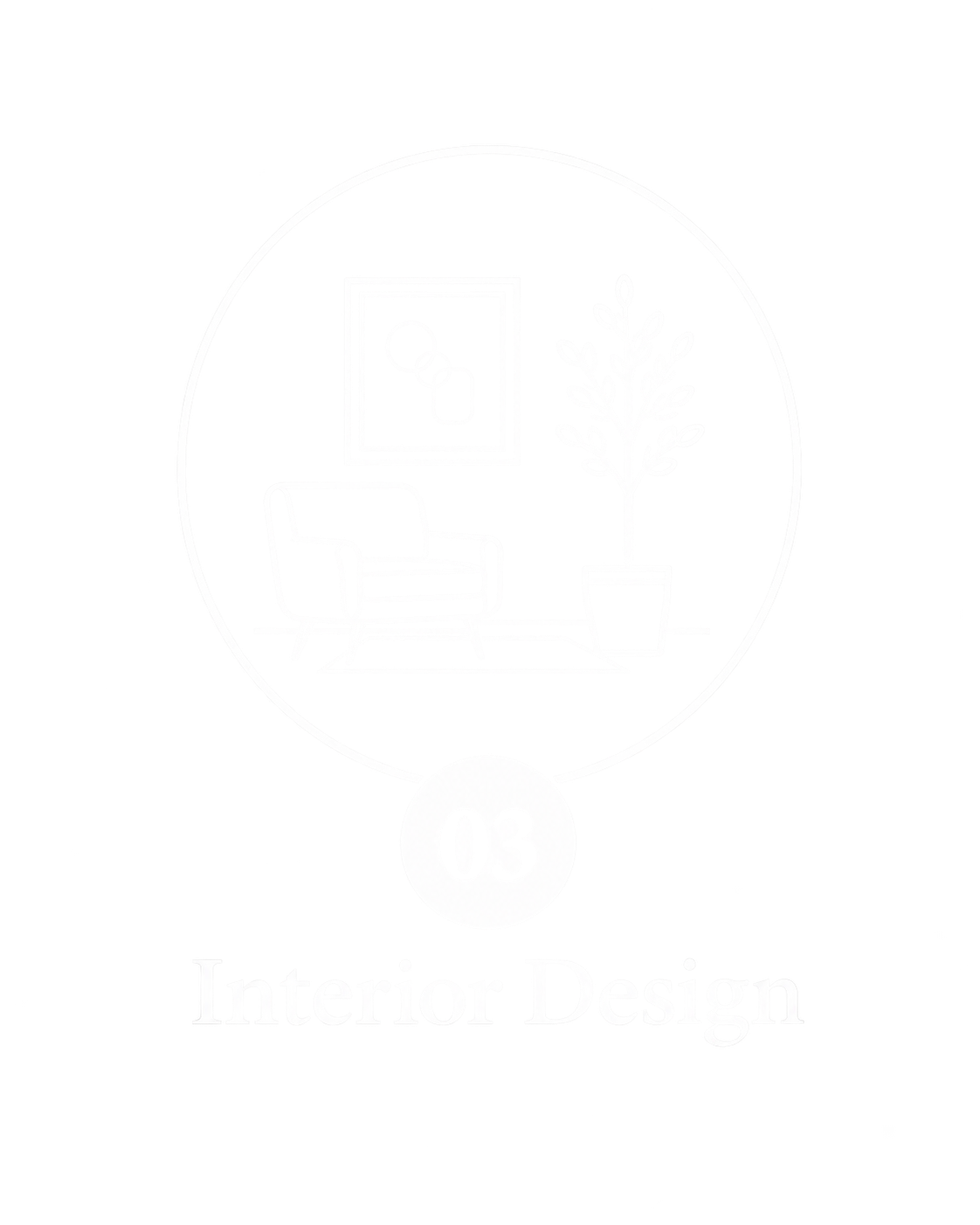 A logo with a circle containing an interior scene of a living room with a chair, a framed picture, and a potted plant, with the number 03 below and the text 'Interior Design' underneath.