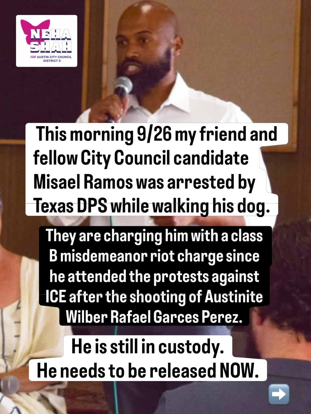 🚨🚨 My friend and fellow Austin City Council candidate Misael Ramos was arrested this morning by DPS. I am angry for Misael &mdash; but also for the message they are sending to all Austinites about our rights to free speech. I believe Misael is one 
