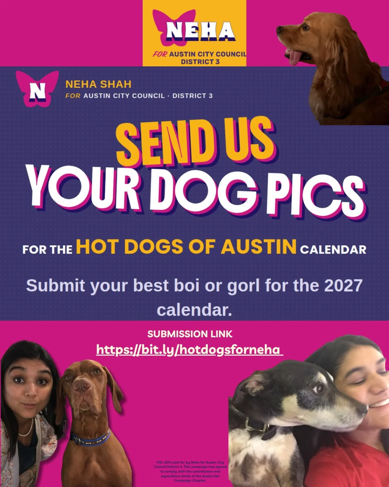 🐾 Calling all Austin dog owners! We&rsquo;re putting together the 2027 &ldquo;Hot Dogs of Austin&rdquo; calendar to raise money for Neha&rsquo;s campaign for Austin City Council District 3 &hellip;. and your dog belongs in it!

See the links in our 