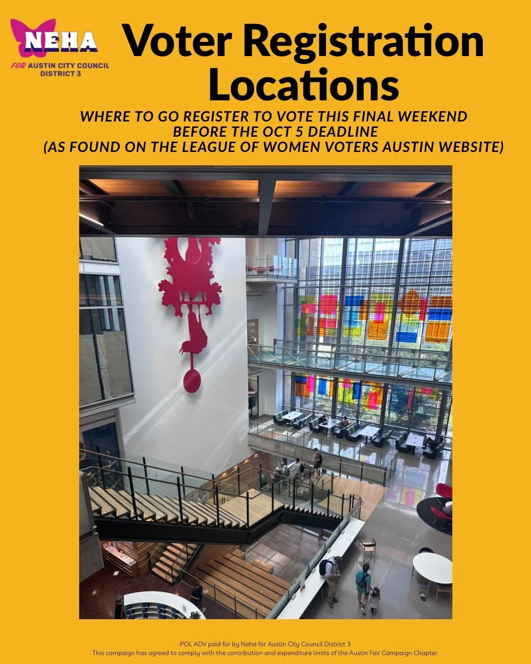 SAVE THIS POST AND SHARE WITH ALL YOUR FRIENDS!

Thank you @lwvaustinarea and all the Travis and Williamson County VDR&rsquo;s who are going to be working all weekend and all the way till midnight on October 5!

Did you know Neha is also a Travis Cou
