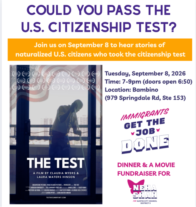 Event flyer for a citizenship test storytelling event on September 8, 2026, at Bambino, 979 Springdale Rd. The flyer features a large photo of a person sweeping, with text and graphics promoting the documentary film "The Test" and a fundraiser dinner