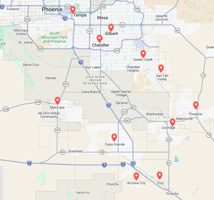 Map of the Phoenix area with red markers indicating locations including Tempe, Gilbert, Chandler, Queen Creek, San Tan Valley, Maricopa, Casa Grande, Eloy, Arizona City, and Coolidge.