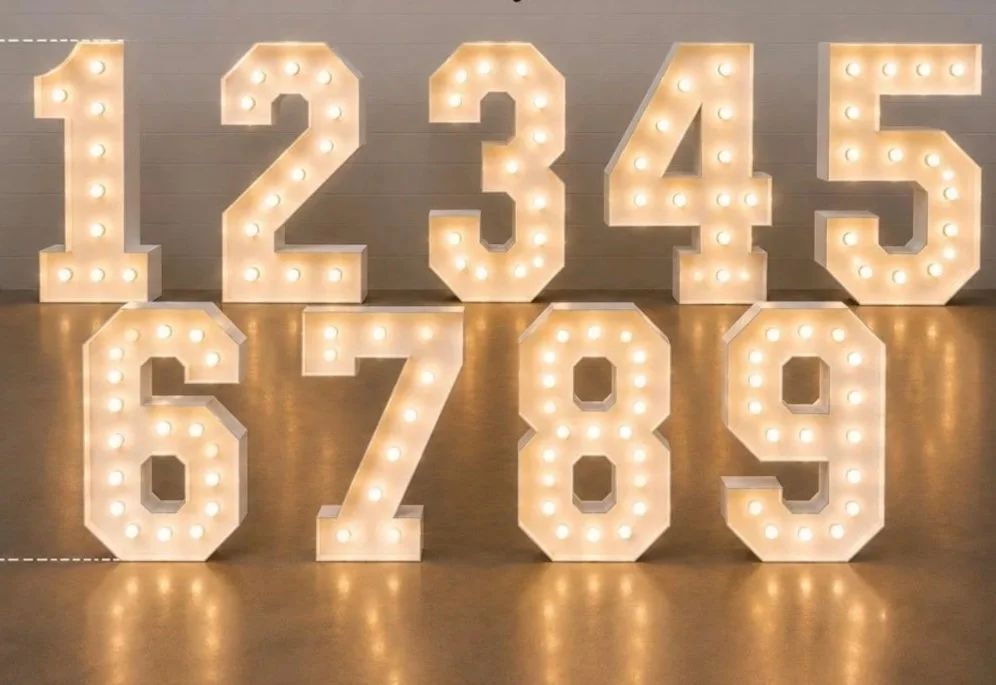 Large illuminated numbers from 1 to 9 arranged on a reflecting surface.
