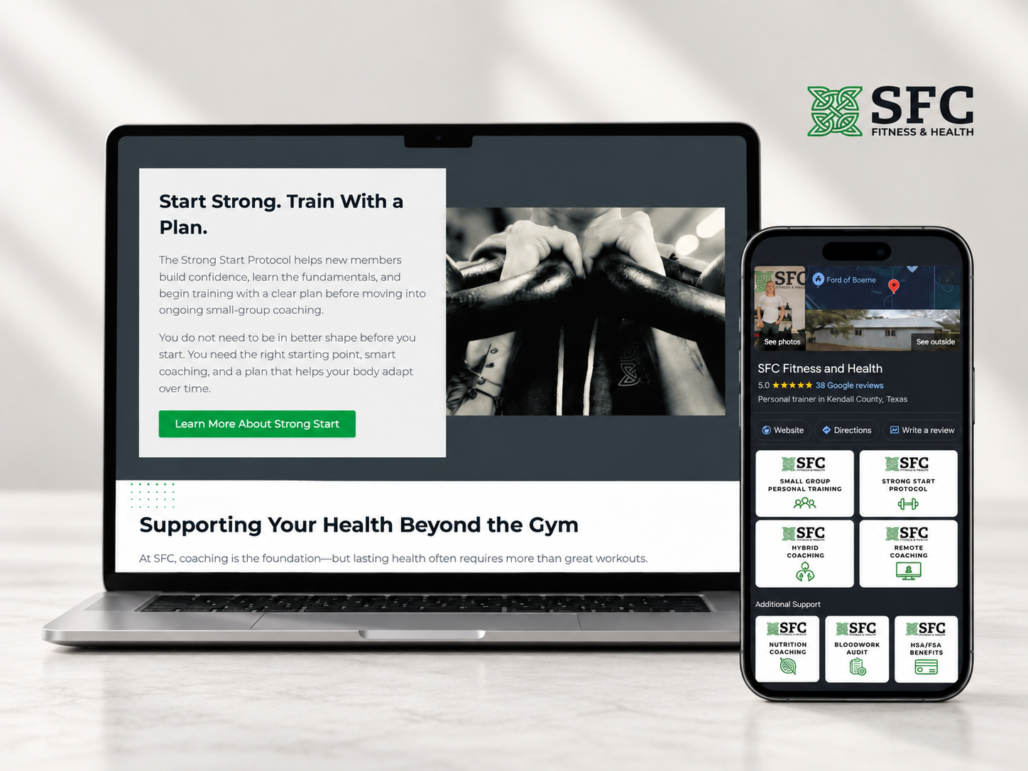 Laptop and smartphone displaying SFC Fitness & Health website and app with workout options like small group training, strong start protocol, hybrid coaching, and remote coaching, with reviews and location info.