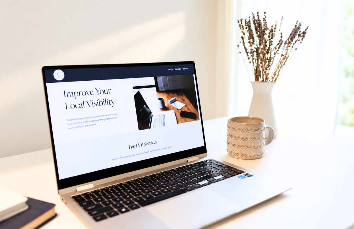 Laptop on a white desk displaying a website about improving local visibility, with a ceramic mug and a vase with dried flowers nearby.