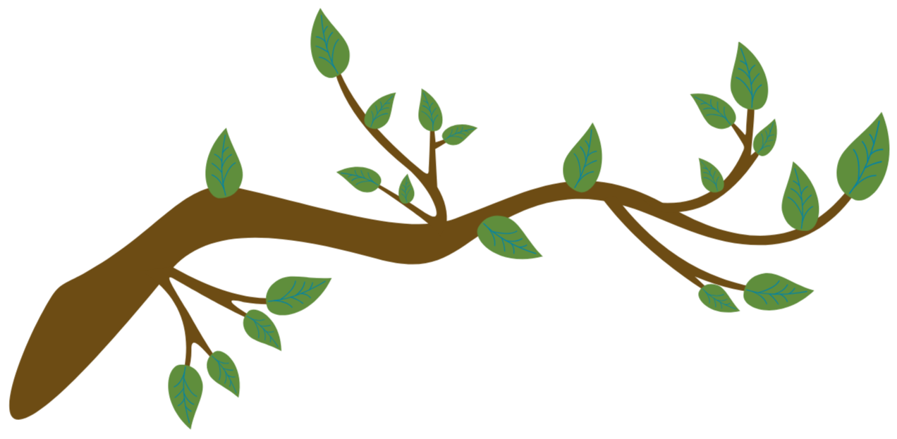 A cartoon illustration of a brown tree branch with green leaves against a black background.