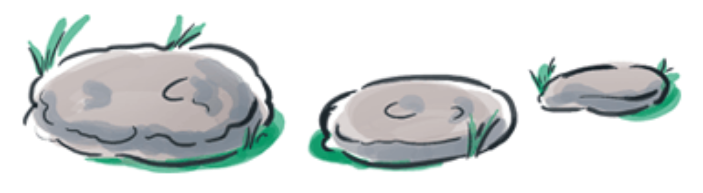 Three gray rocks, two large and one small, with green grass around them.