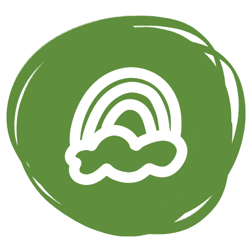A white rainbow and cloud icon on a green circular background.