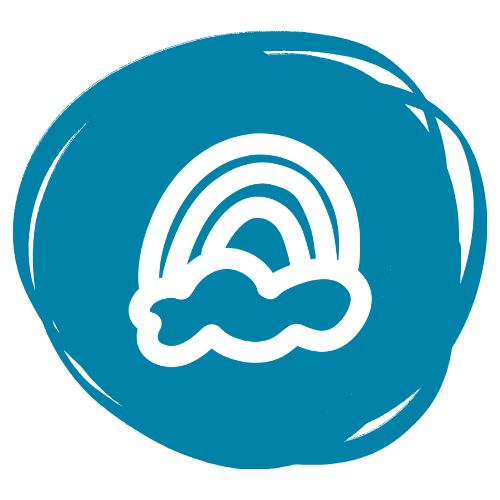 A blue circular logo featuring a white rainbow and a cloud.