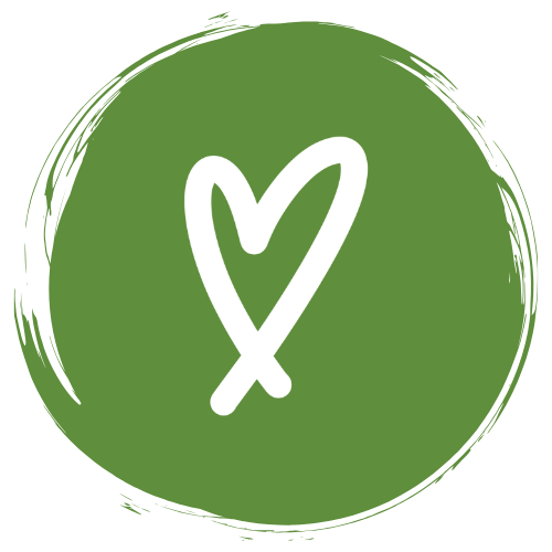 White heart outline within a green circle with a brushstroke design.