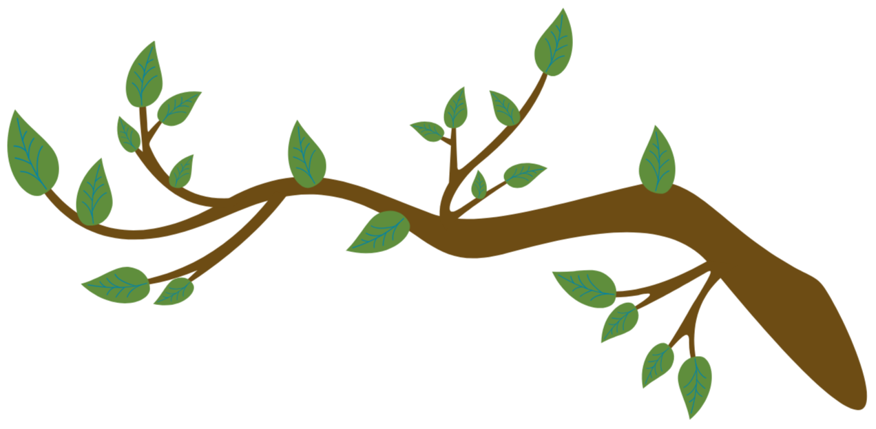 Illustration of a tree branch with green leaves.