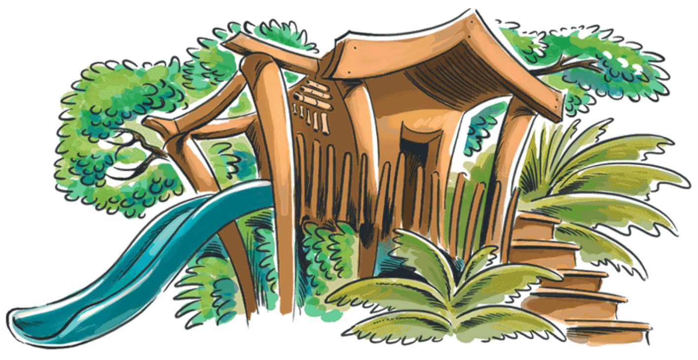 Colorful illustration of a treehouse with a slide and stairs, surrounded by green plants and trees.