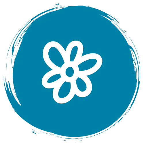 A white, stylized flower on a blue circular background with a rough edge.