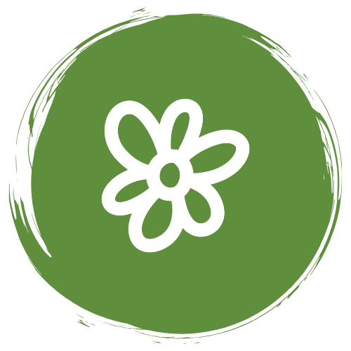 White flower icon on a green circular background with a rough brushstroke border.
