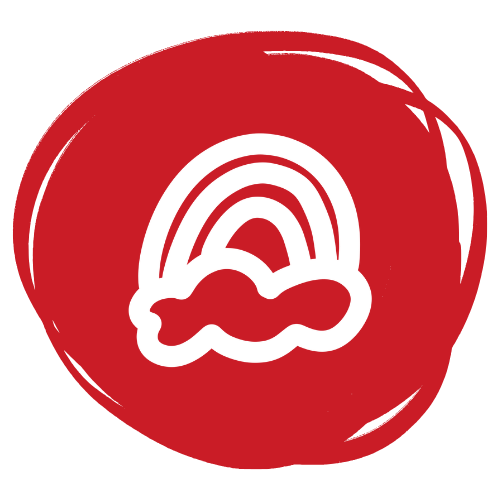 A white rainbow with a smiling face and a cloud at the bottom, inside a red circular background.