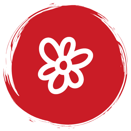 White flower symbol with six petals inside a red circular background with a rough-edged border.
