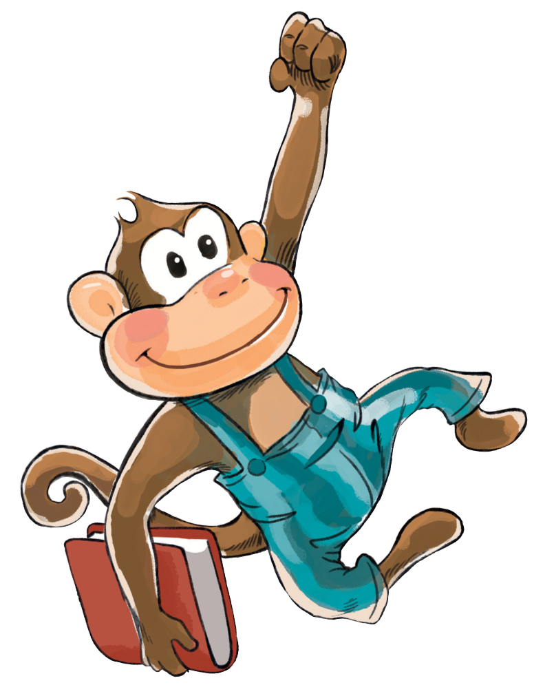 A cartoon monkey with a big smile, wearing blue overalls, holding a red book in one hand, and raising its other arm with a clenched fist, standing on its tail.