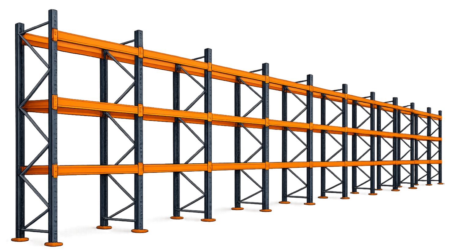 Sistema de racks selectivos industriales para almacenamiento, utilizado en proyectos de ingeniería estructural y memorias de cálculo.