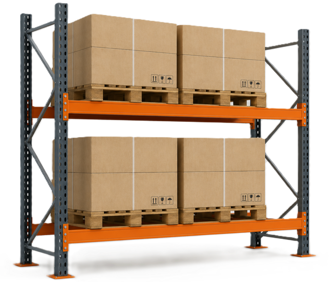 Rack selectivo industrial con pallets utilizado para análisis estructural y diseño de sistemas de almacenamiento.