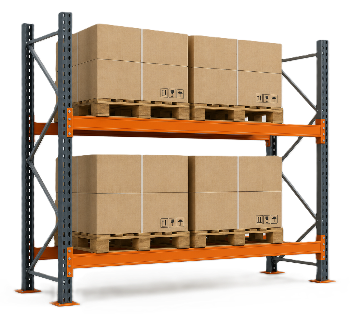 Rack selectivo industrial con pallets utilizado para análisis estructural y diseño de sistemas de almacenamiento.