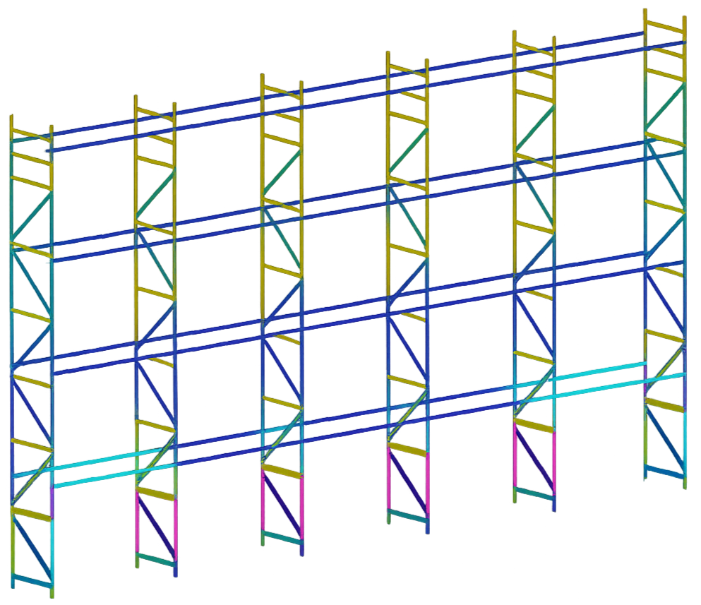Modelo de análisis estructural FEM de un sistema de racks industriales para evaluación de esfuerzos, desplazamientos y capacidad de carga.