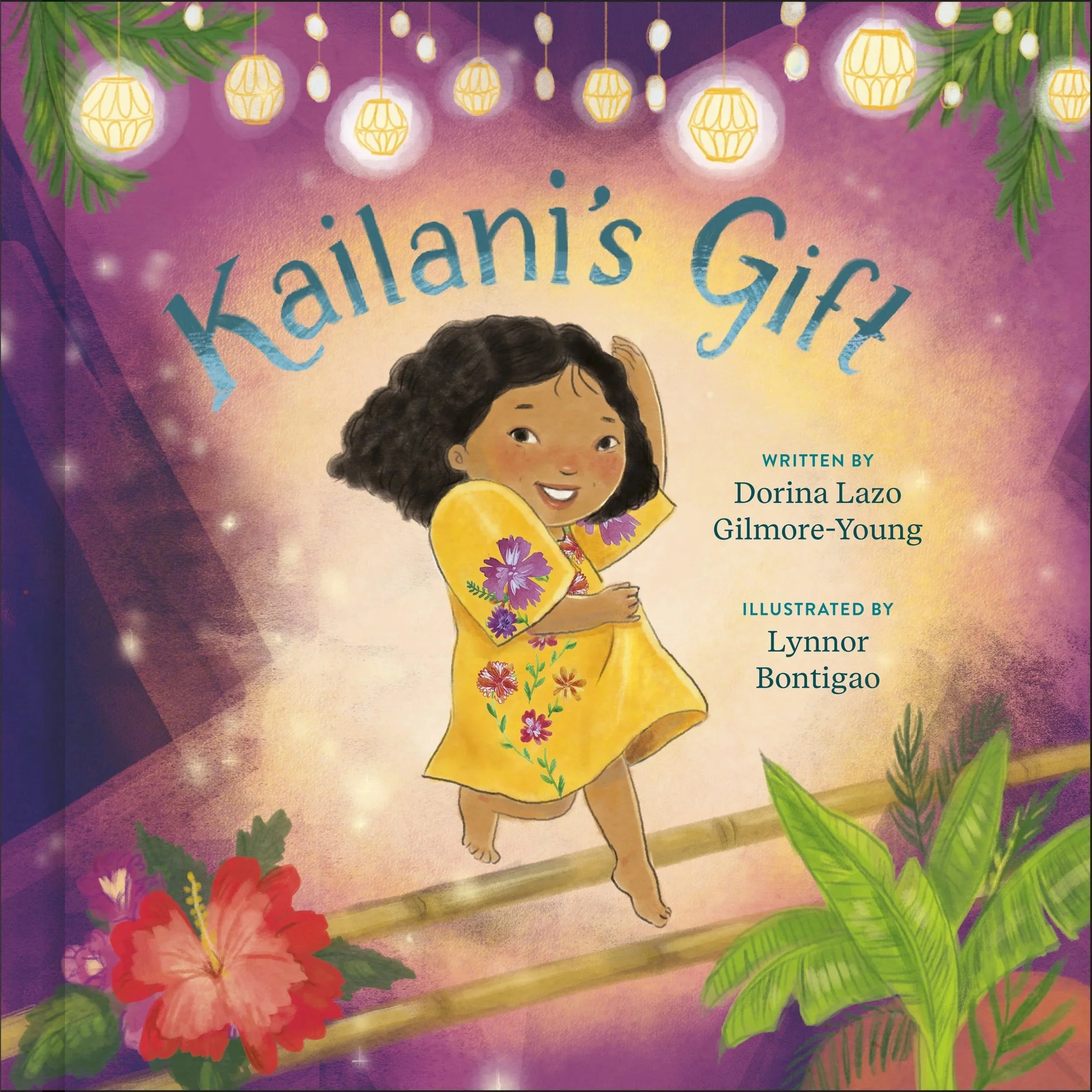 Colorful illustrated book cover with a girl in a yellow dress, surrounded by tropical leaves, flowers, and hanging lanterns, with the title 'Kailani's Gift' and author credits.