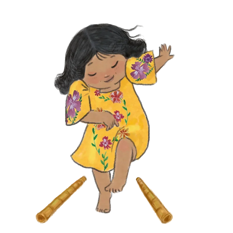 Cartoon girl with long dark hair wearing a yellow dress with colorful floral patterns, balancing on bamboo poles with arms raised and a joyful expression on her face.
