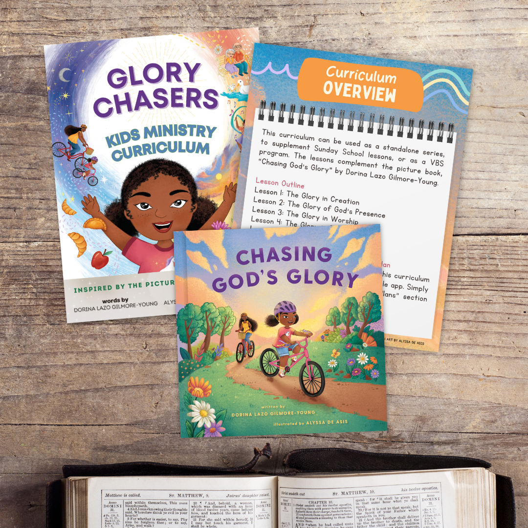 Colorful children's books about faith and spirituality, featuring titles such as "Glory Chasers Kids Ministry Curriculum" and "Chasing God's Glory", with illustrations of young girls riding bicycles in nature, on a wooden surface alongside an open Bible.