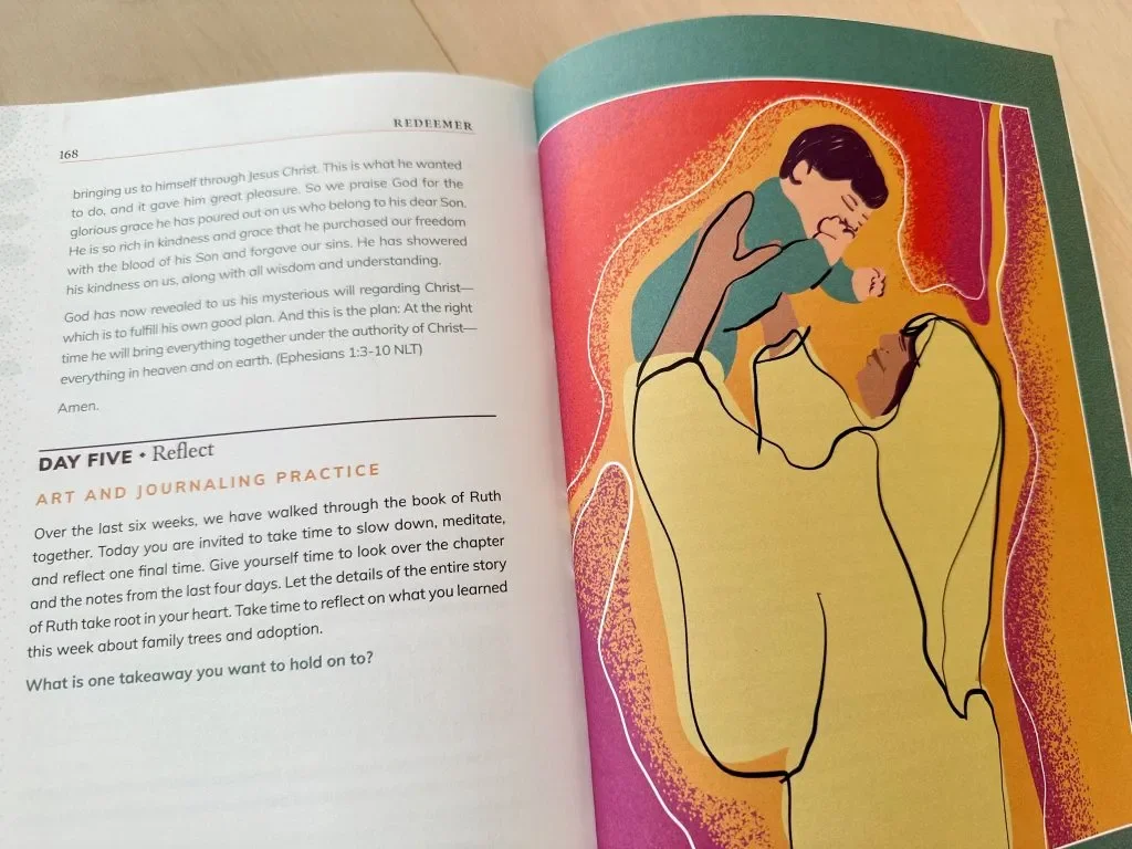 An illustration of a woman with glasses holding a crying baby boy who is covering his face, with a colorful background.