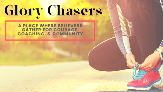 Close-up of a woman tying her shoelace on a walking path during sunrise or sunset, with text overlay promoting Glory Chasers and their focus on courage, coaching, and community.