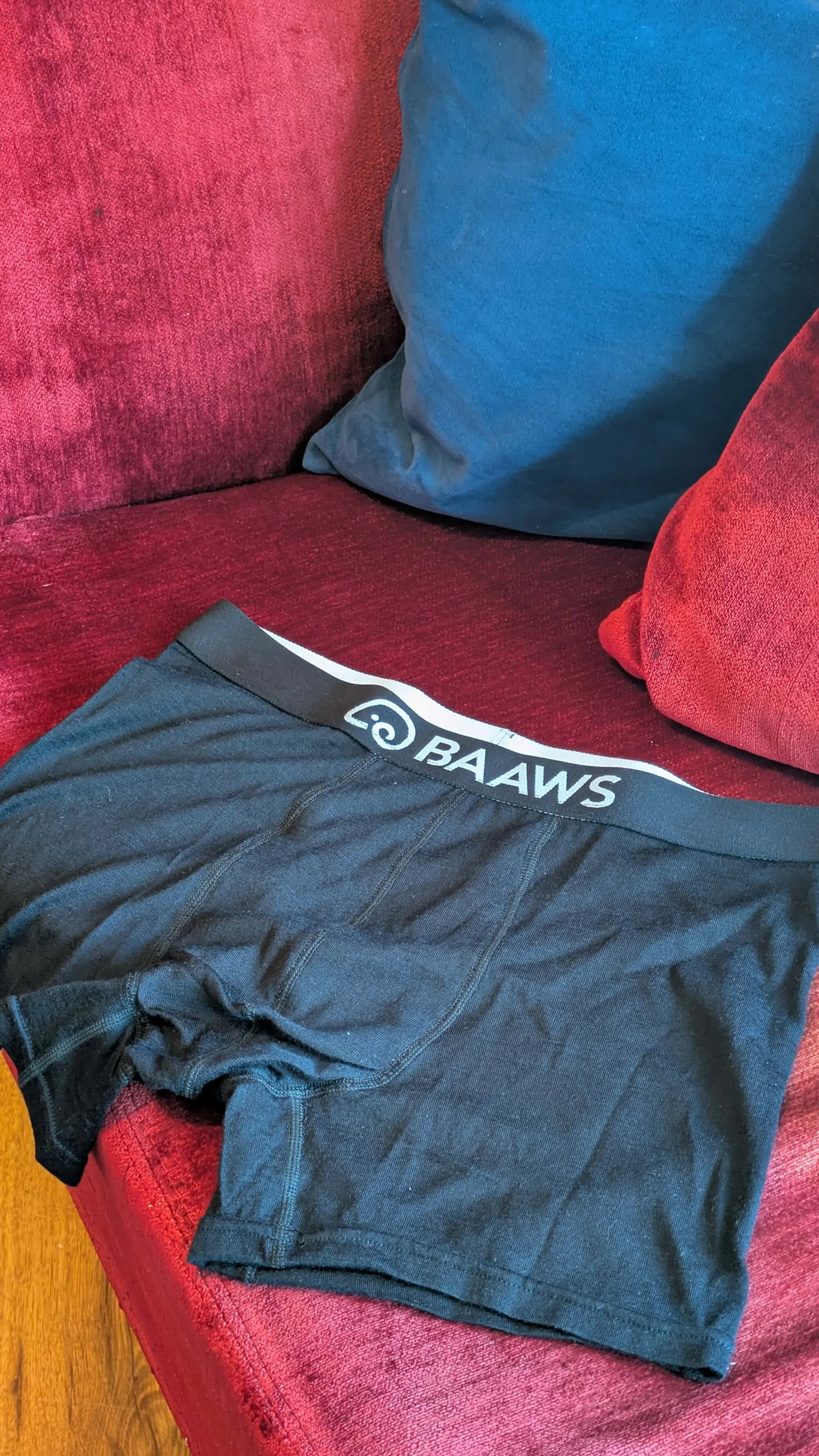 A pair of dark gray shorts with a waistband label reading '@BAWS' are laying on a red sofa with two pillows, one blue and one red.