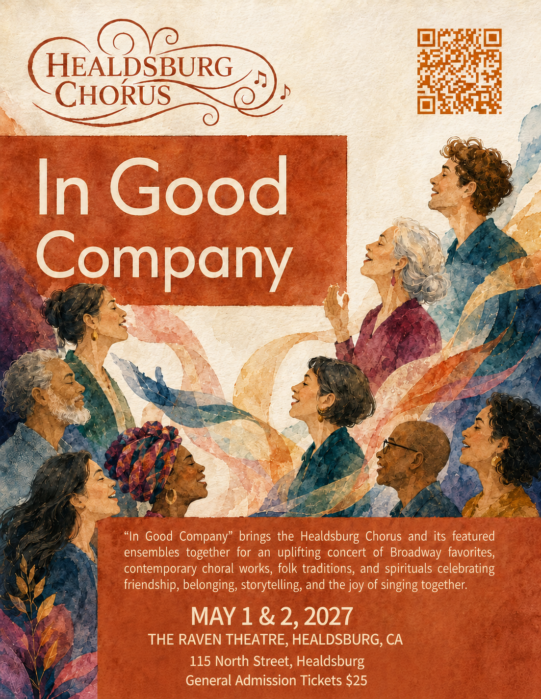 Poster for the Healdsburg Chorus concert titled 'In Good Company' featuring illustrations of diverse choir members singing with a background of vibrant, abstract floral and musical elements. Details include the concert date, location, and ticket information.