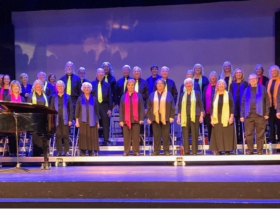 Chorus group on stage, wearing black robes with colorful scarves, standing in rows following a musical performance.