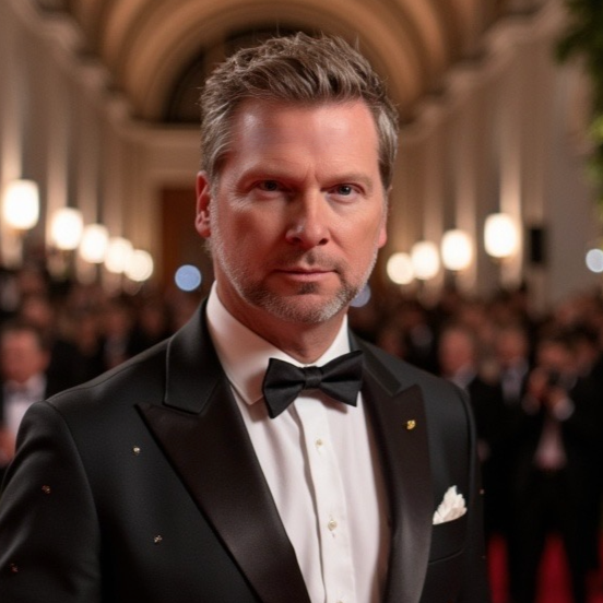 A man in formal black tuxedo with a white shirt and black bow tie at a formal event, with a blurred crowd and ornate ceiling in the background.