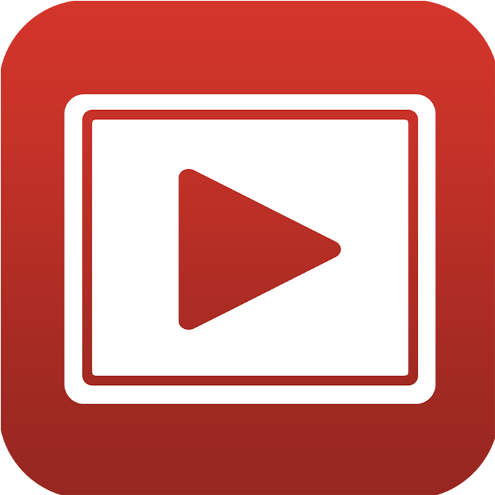Red square icon with a white play button in the center, commonly representing video or media play button.