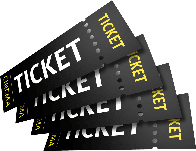 Multiple movie theater tickets labeled 'TICKET' in black and yellow colors.