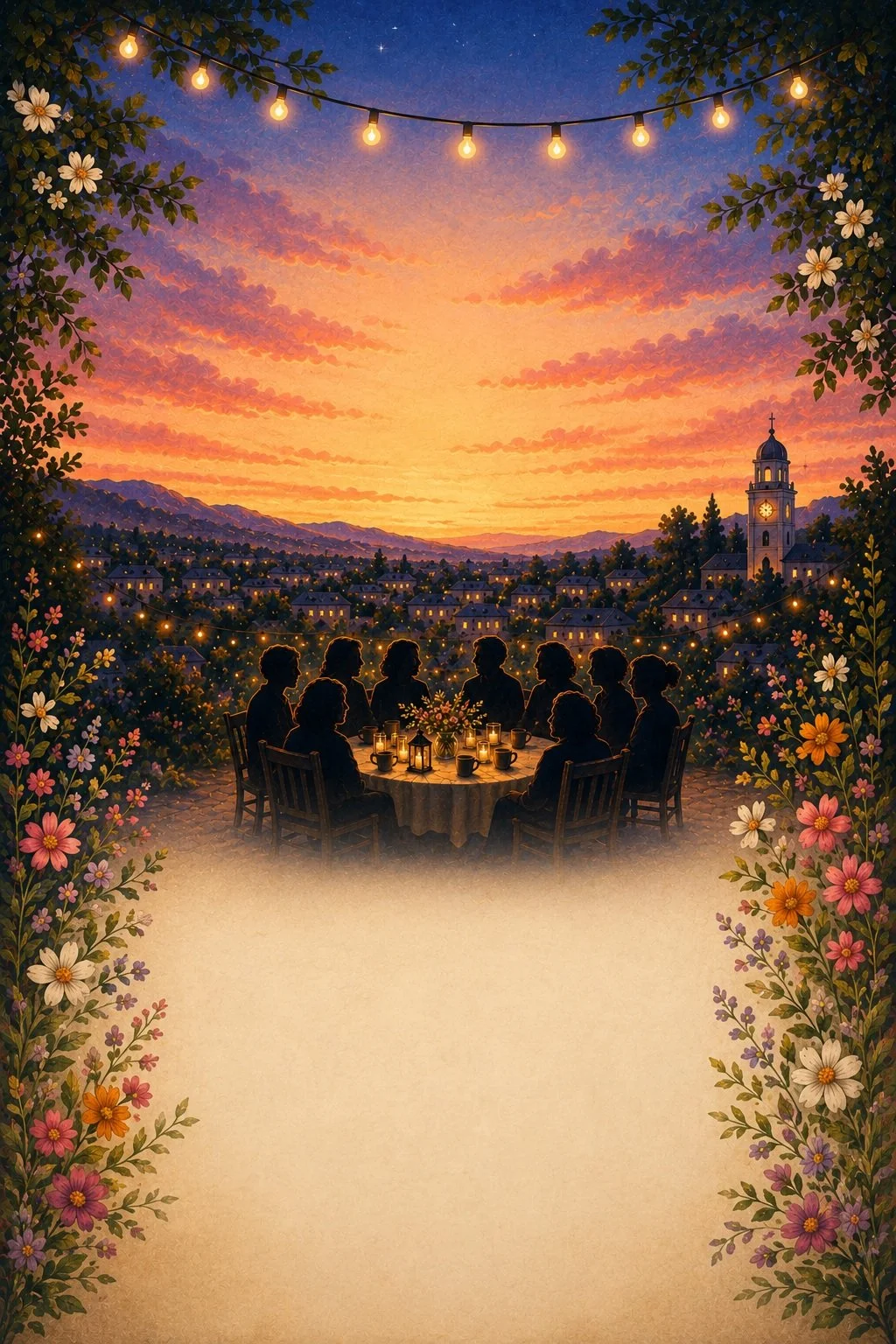 Surreal outdoor evening dinner scene with a group of people seated around a table with candles and flowers, framed by floral borders, in front of a picturesque sunset with colorful clouds, string lights, a village with houses, and a church with a clock tower in the background.