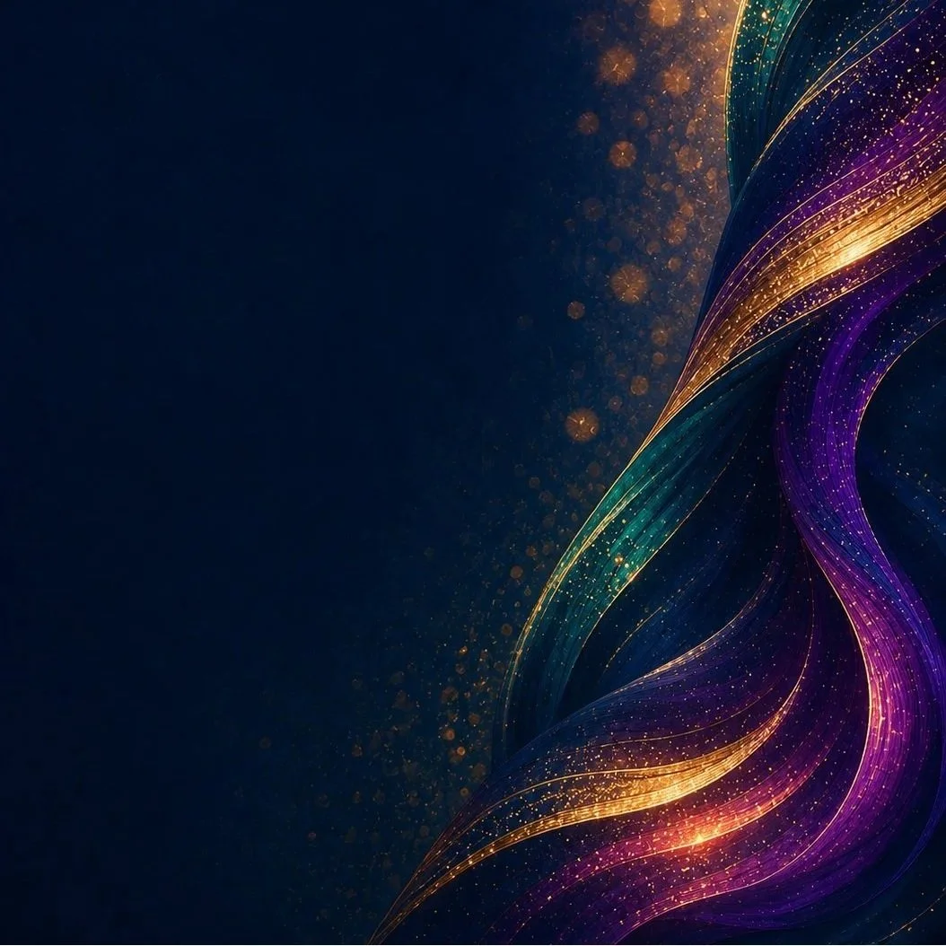 Abstract digital art featuring colorful flowing lines and sparkling particles against a dark background.