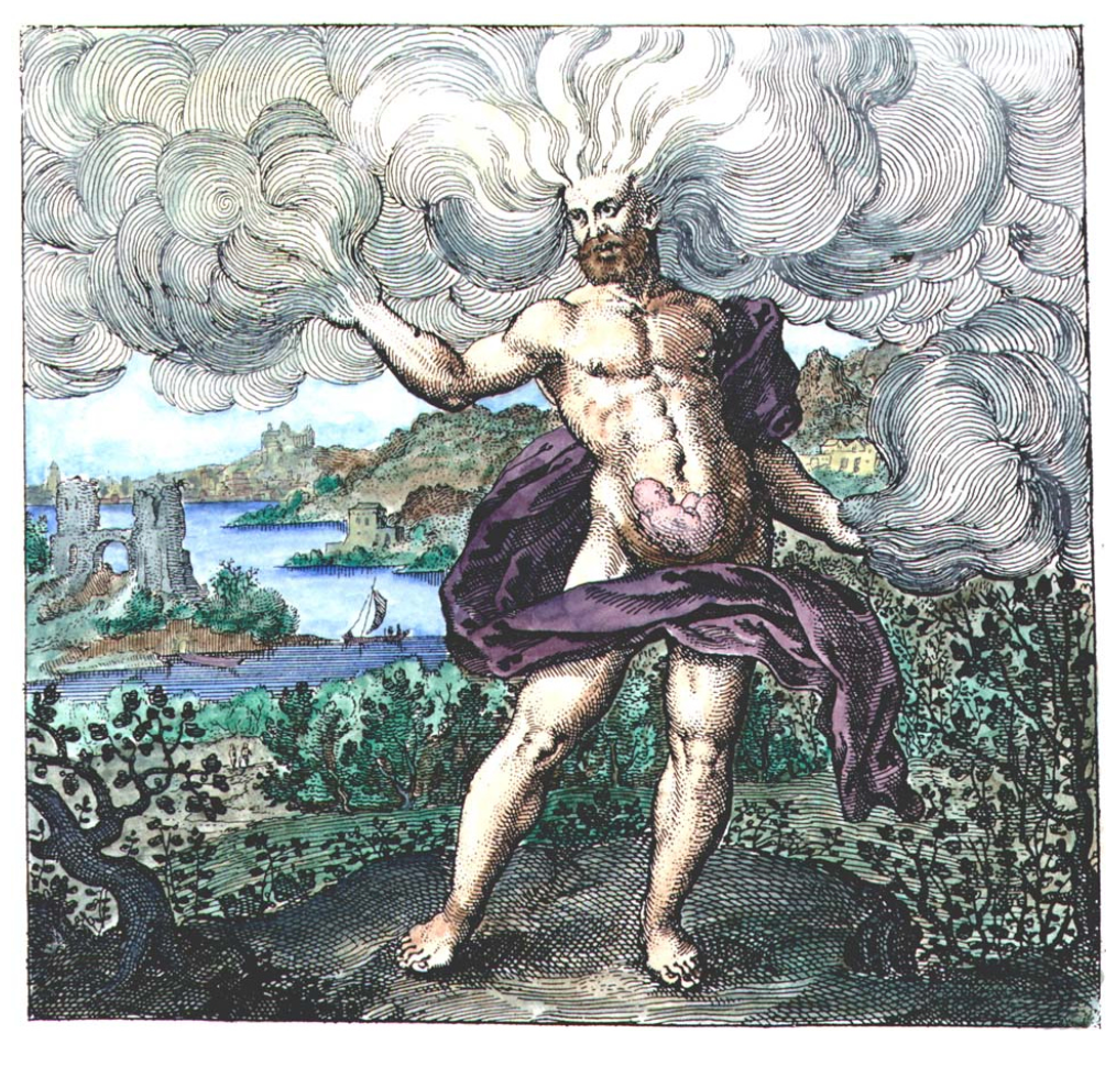 A classical illustration of a muscular man with a beard emitting large amount of smoke or steam through his head and arm, standing outdoors with a scenic background of a river, trees, and distant ruins or castles.