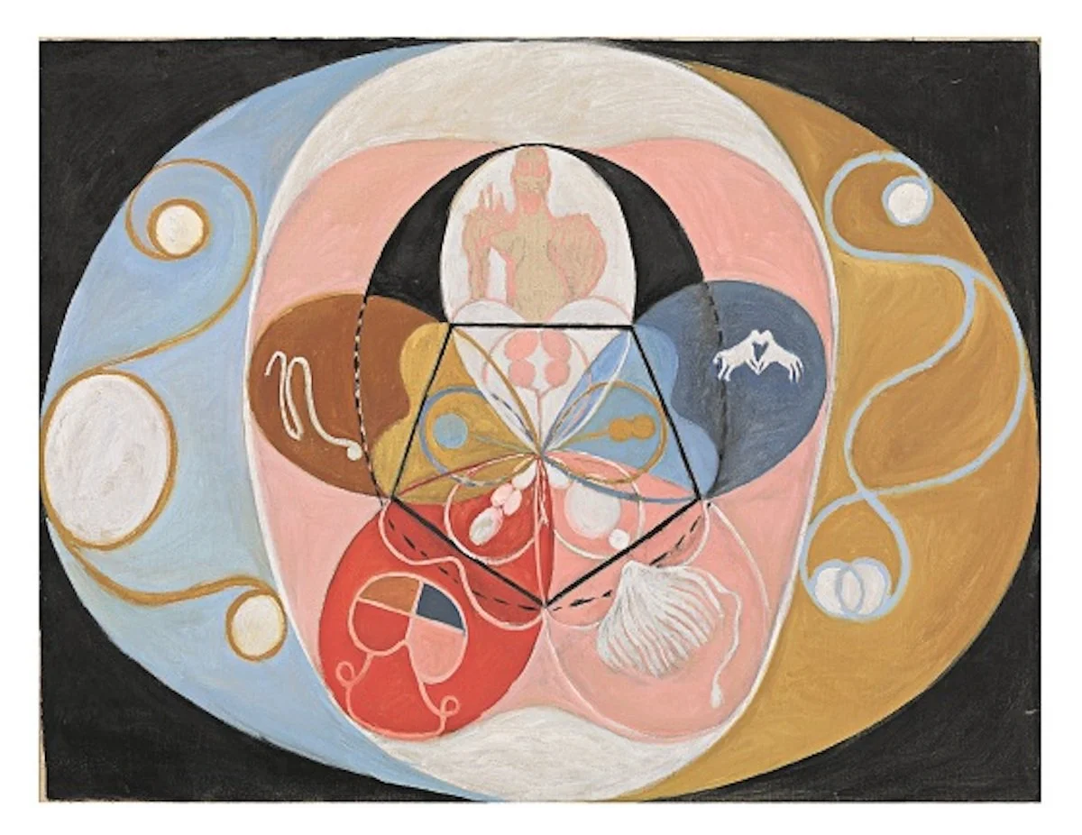 Abstract painting featuring geometric shapes, a human figure, animal depictions, and organic patterns in pastel colors with black background.
